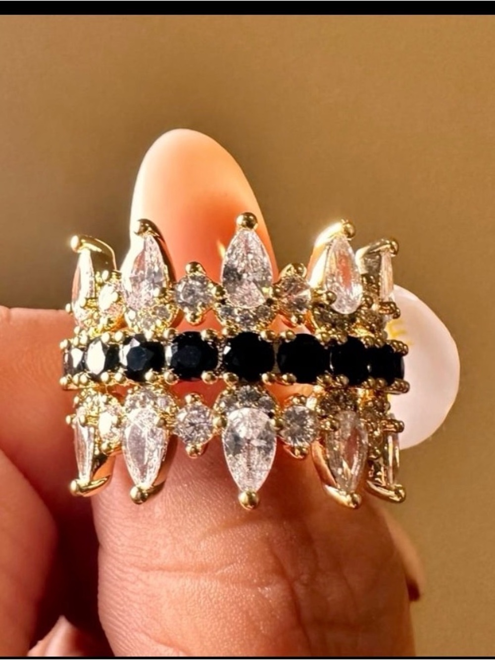 Gold Statement Ring with Black and Clear Stones